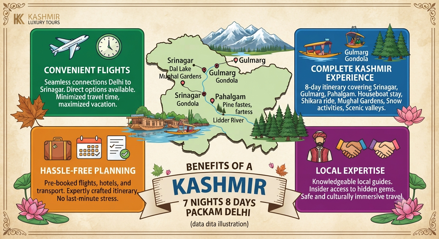 Kashmir 7 nights 8 days package from Delhi 2026 - benefits infographic