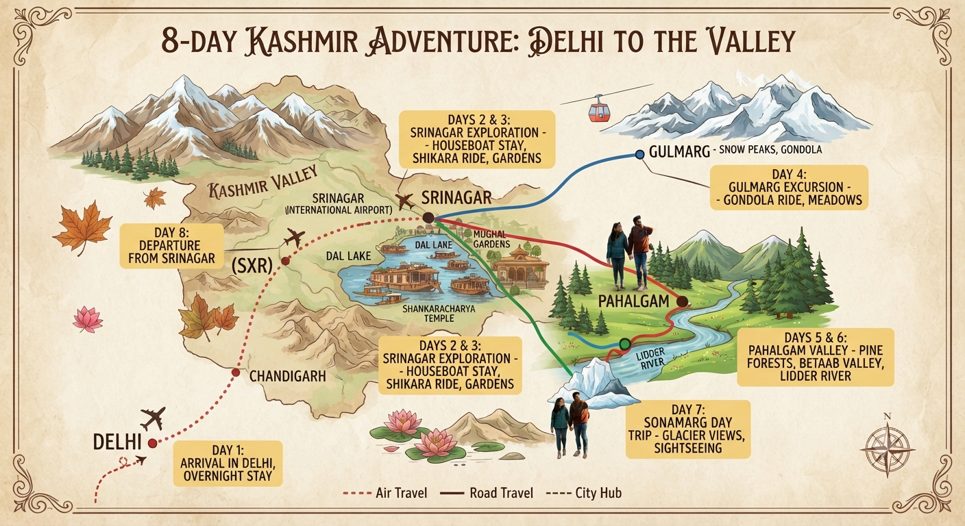 Kashmir 7 nights 8 days package from Delhi 2026 - complete itinerary map