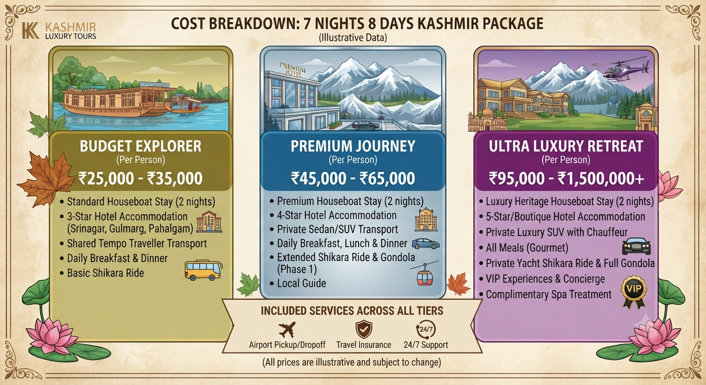 Kashmir 7 nights 8 days package from Delhi 2026 - price breakdown infographic