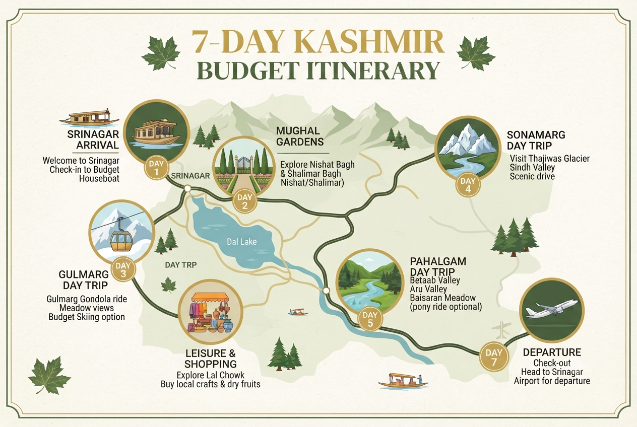 Kashmir Budget Trip Planning 2026 | 7-Day Itinerary | From ₹20,000 8 Kashmir budget trip planning 2026 - 7-day itinerary infographic