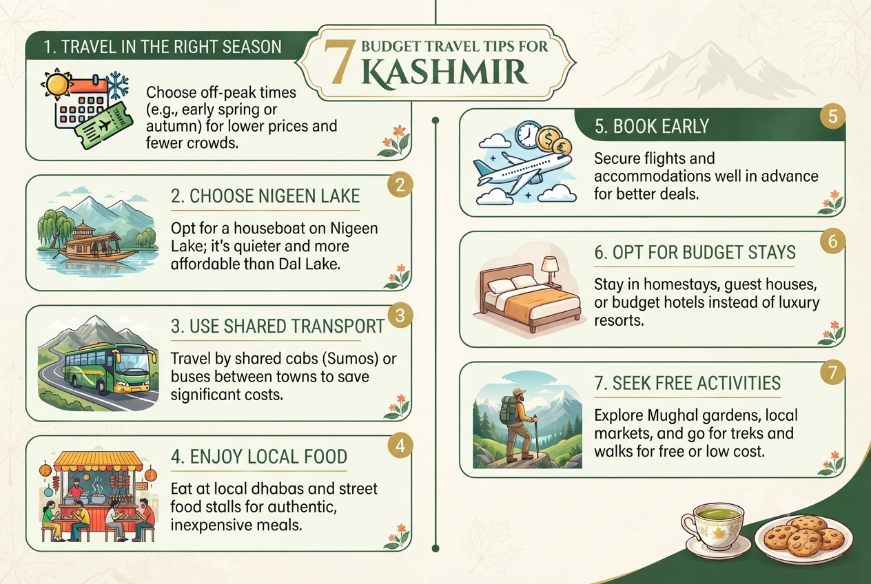 Kashmir Budget Trip Planning 2026 | 7-Day Itinerary | From ₹20,000 7 Kashmir budget trip planning 2026 - 7 money-saving tips infographic