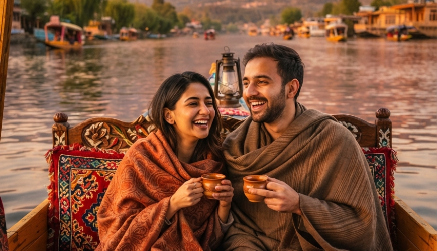 Kashmir budget trip planning 2026 - budget couple enjoying shikara ride on Dal Lake