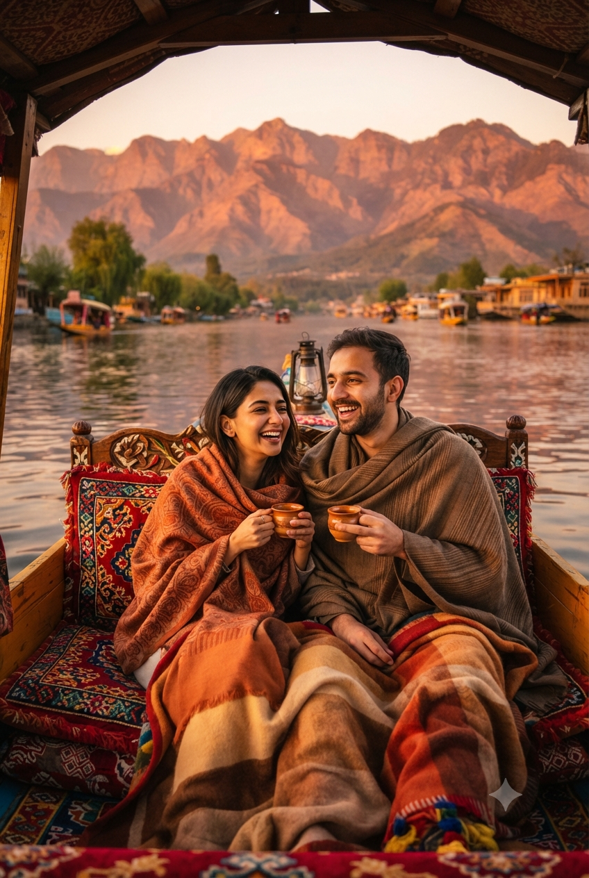 Kashmir budget trip planning 2026 - budget couple enjoying shikara ride on Dal Lake