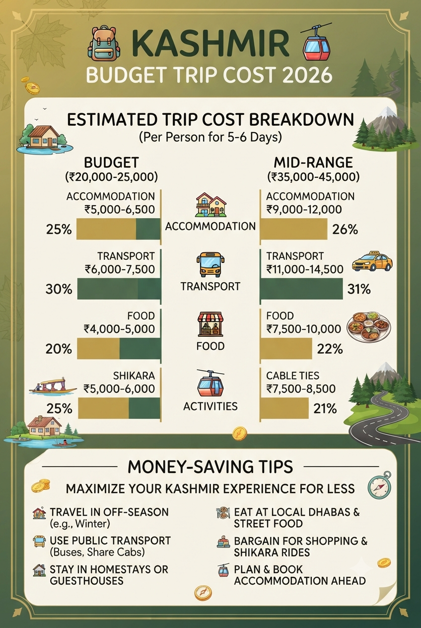 Kashmir Budget Trip Planning 2026 | 7-Day Itinerary | From ₹20,000 6 Kashmir budget trip planning 2026 cost breakdown infographic