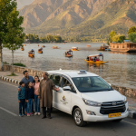 Kashmir cab booking 2026 - Innova Crysta on Dal Lake Boulevard with professional chauffeur