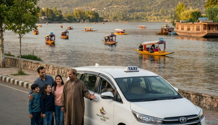 Kashmir cab booking 2026 - Innova Crysta on Dal Lake Boulevard with professional chauffeur