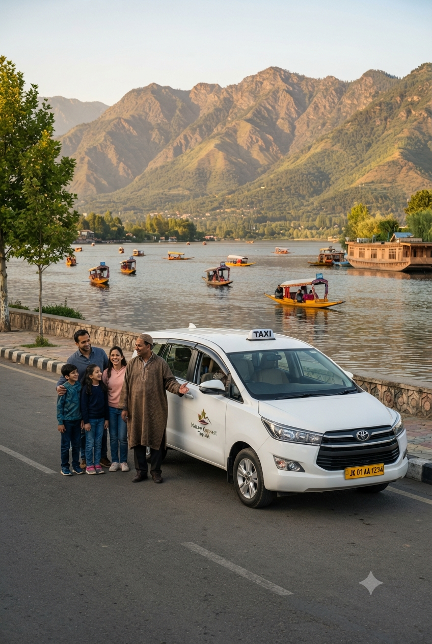 Kashmir cab booking 2026 - Innova Crysta on Dal Lake Boulevard with professional chauffeur