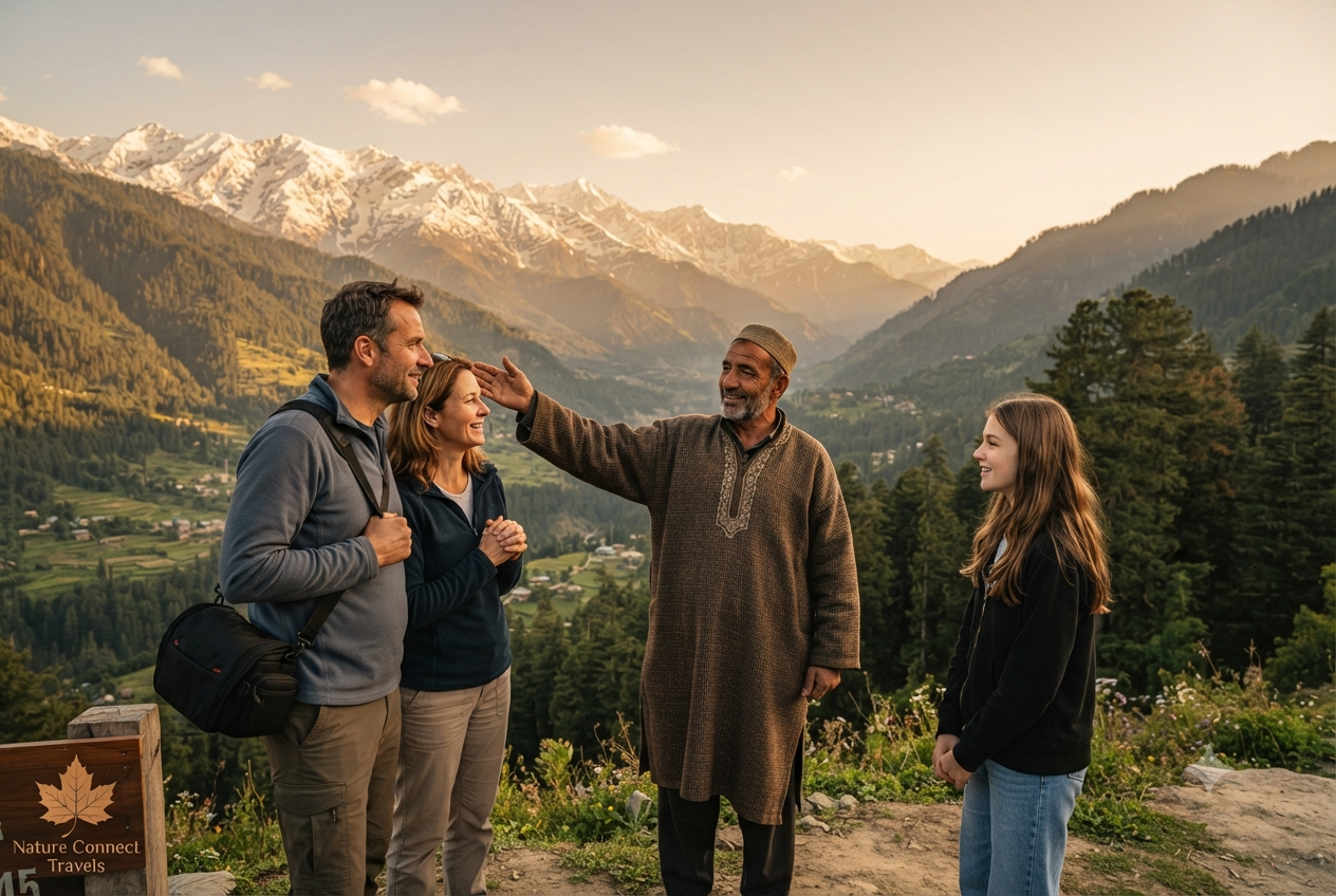 Kashmir Car Booking 2026 - driver-guide showing scenic valley to tourists