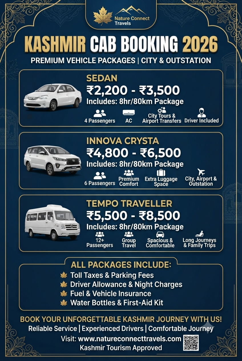Kashmir Car Booking 2026 infographic - vehicle options and daily rates