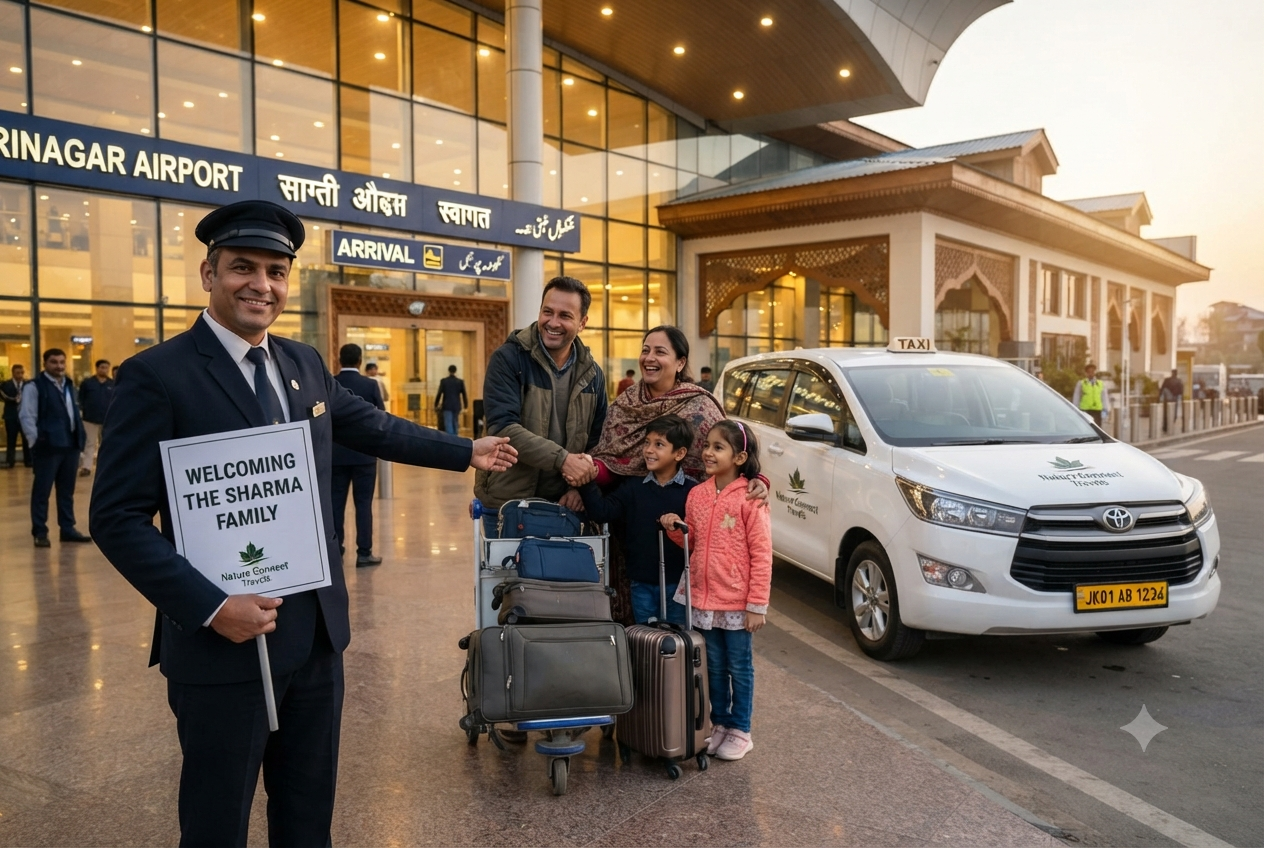 Kashmir Car Booking 2026 - professional chauffeur at Srinagar Airport greeting family