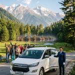 Kashmir car rental package 2026 - Innova Crysta on scenic mountain road with driver