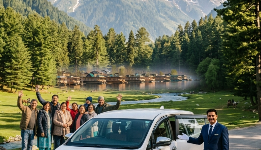 Kashmir car rental package 2026 - Innova Crysta on scenic mountain road with driver