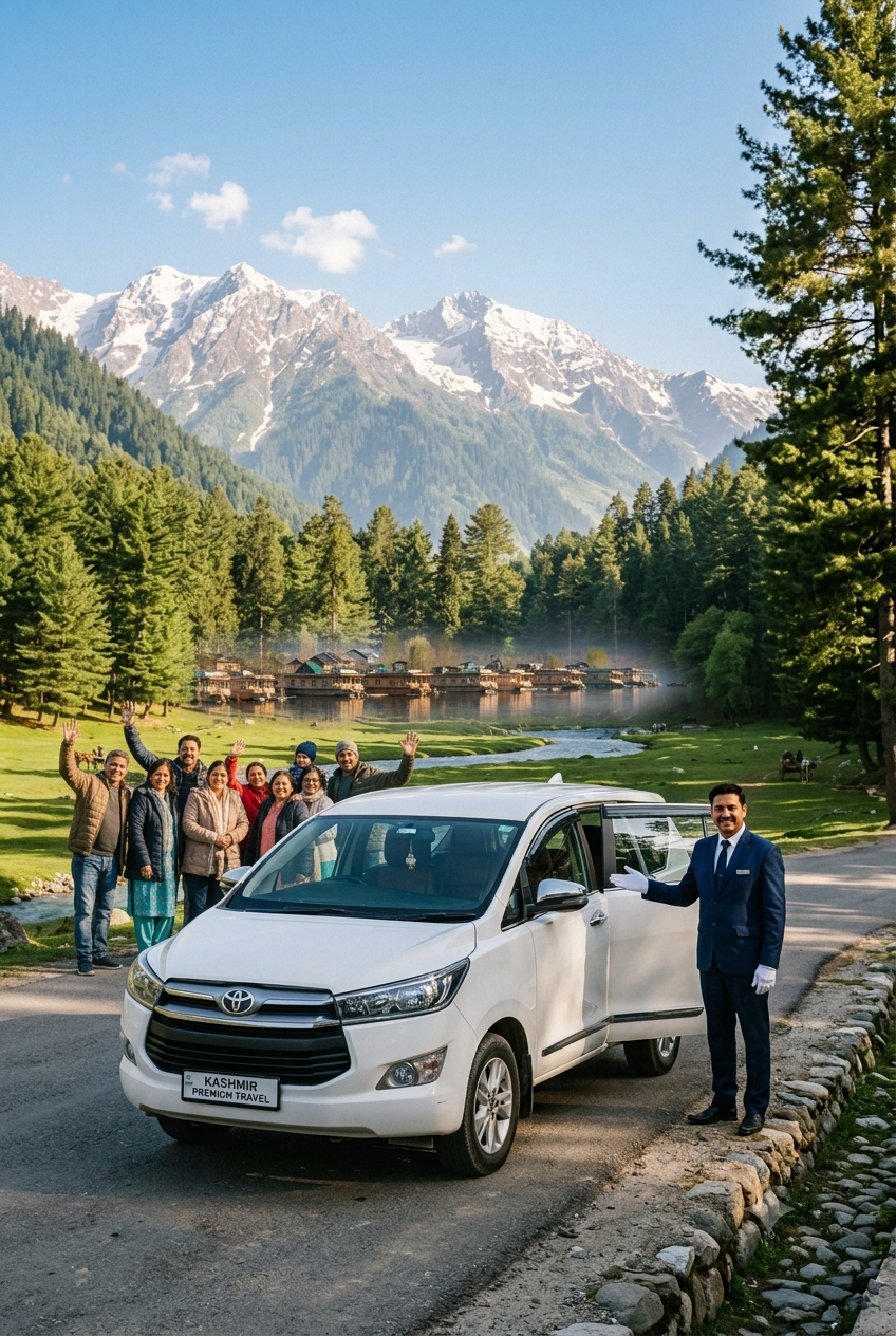 Kashmir car rental package 2026 - Innova Crysta on scenic mountain road with driver