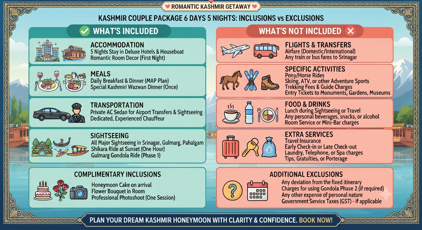 Kashmir couple package 6 days 5 nights 2026 - inclusions and exclusions infographic