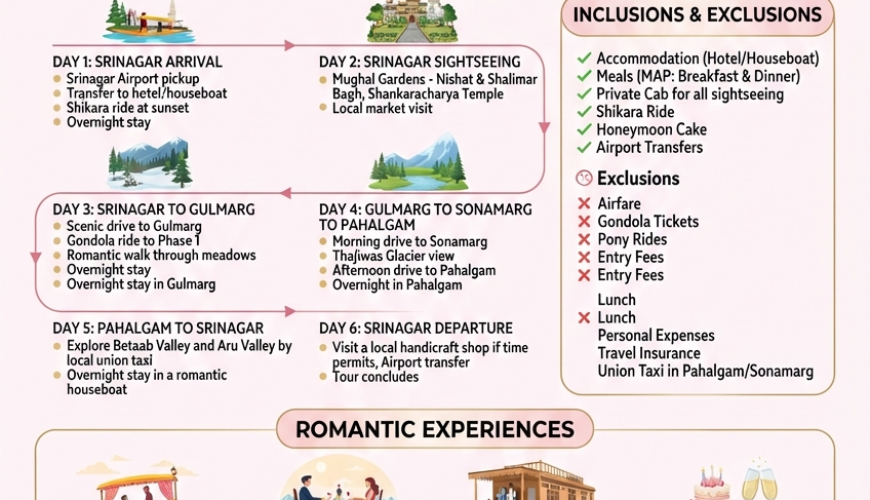 Kashmir couple package 6 days 5 nights 2026 infographic - package prices 22000-120000 rupees, romantic itinerary Srinagar Gulmarg Sonamarg Pahalgam, inclusions houseboat shikara candlelight dinner