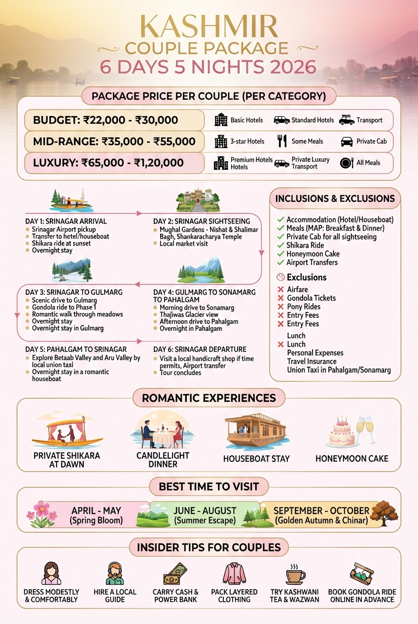 Kashmir couple package 6 days 5 nights 2026 infographic - package prices 22000-120000 rupees, romantic itinerary Srinagar Gulmarg Sonamarg Pahalgam, inclusions houseboat shikara candlelight dinner