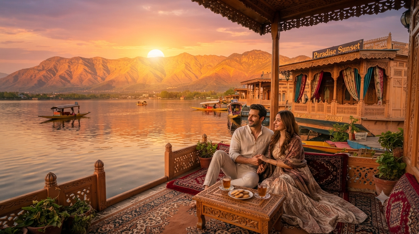 Kashmir couple package 6 days 5 nights 2026 - romantic couple on houseboat at Dal Lake sunset