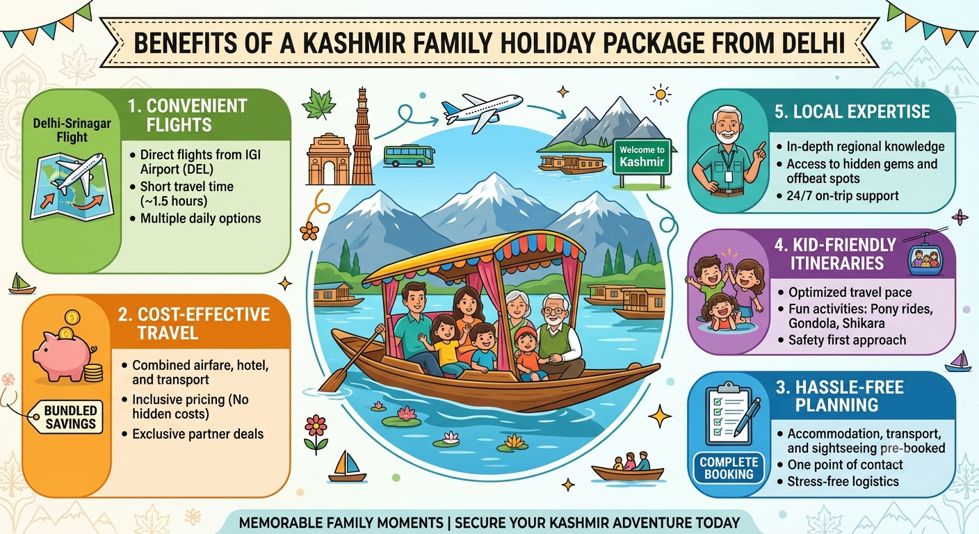 Kashmir Family Holiday Package from Delhi 2026 | ₹22,999 | Book Now 9 Kashmir family holiday package from Delhi 2026 - benefits infographic
