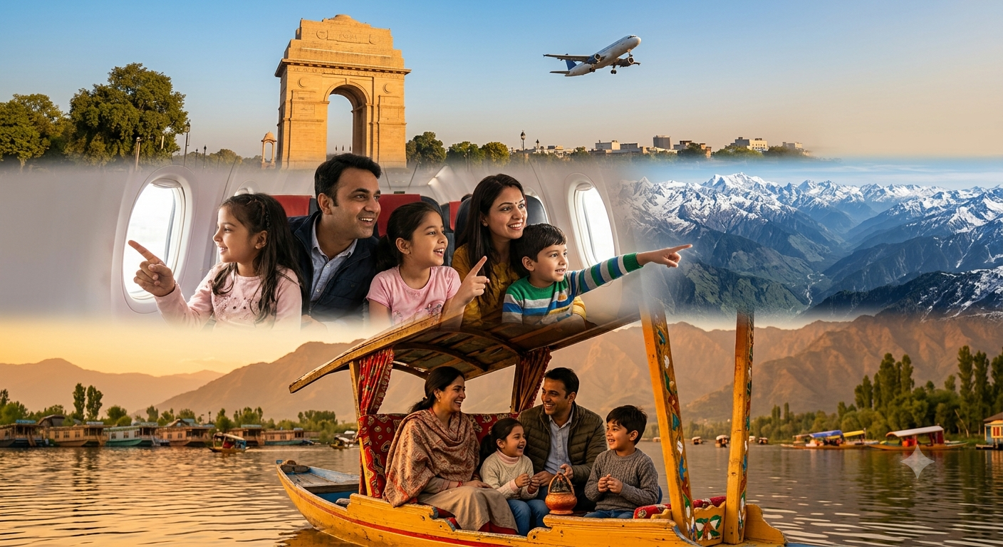 Kashmir family holiday package from Delhi 2026 - family journey from Delhi to Kashmir on shikara at Dal Lake