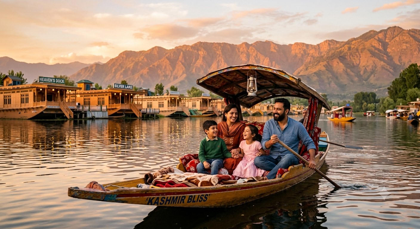 Kashmir Family Holiday Package from Delhi 2026 | ₹22,999 | Book Now 8 Kashmir family holiday package from Delhi 2026 - happy family on shikara at Dal Lake
