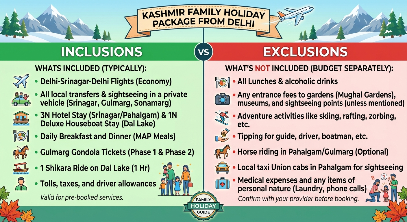 Kashmir Family Holiday Package from Delhi 2026 | ₹22,999 | Book Now 12 Kashmir family holiday package from Delhi 2026 - inclusions and exclusions infographic