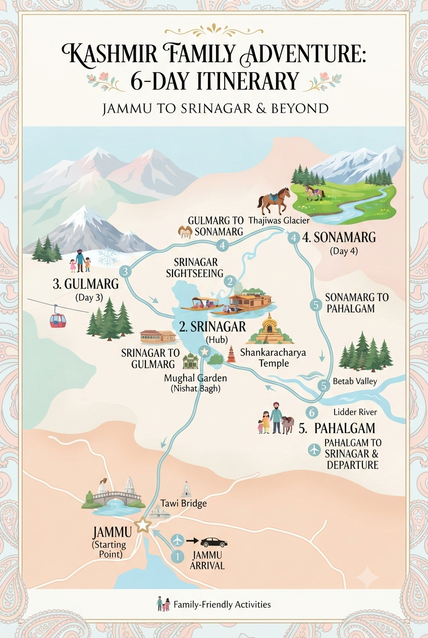 Kashmir Family Package 5 Nights 6 Days from Jammu 2026 | ₹11,000 | Book 16 Kashmir family package 5 nights 6 days from Jammu 2026 - complete family itinerary map