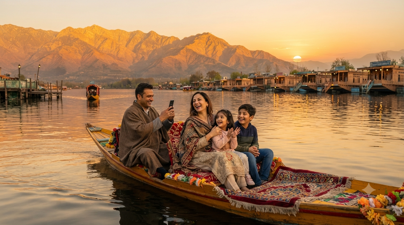 Kashmir Family Package 5 Nights 6 Days from Jammu 2026 | ₹11,000 | Book 10 Kashmir family package 5 nights 6 days from Jammu 2026 - happy family on shikara at Dal Lake