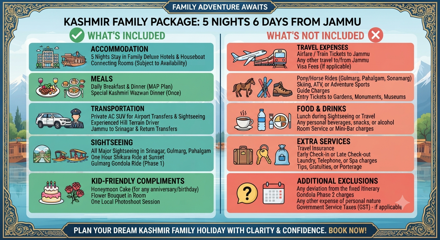 Kashmir Family Package 5 Nights 6 Days from Jammu 2026 | ₹11,000 | Book 13 Kashmir family package 5 nights 6 days from Jammu 2026 - inclusions and exclusions infographic