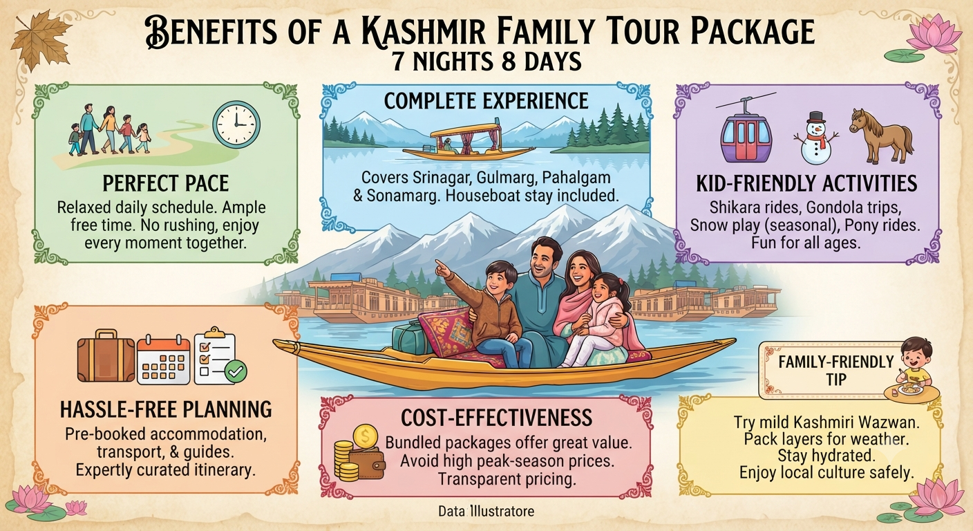 Kashmir Family Tour Package 7 Nights 8 Days 2026 | ₹32,999 | Book Now 13 Kashmir family tour package 7 nights 8 days 2026 - benefits infographic