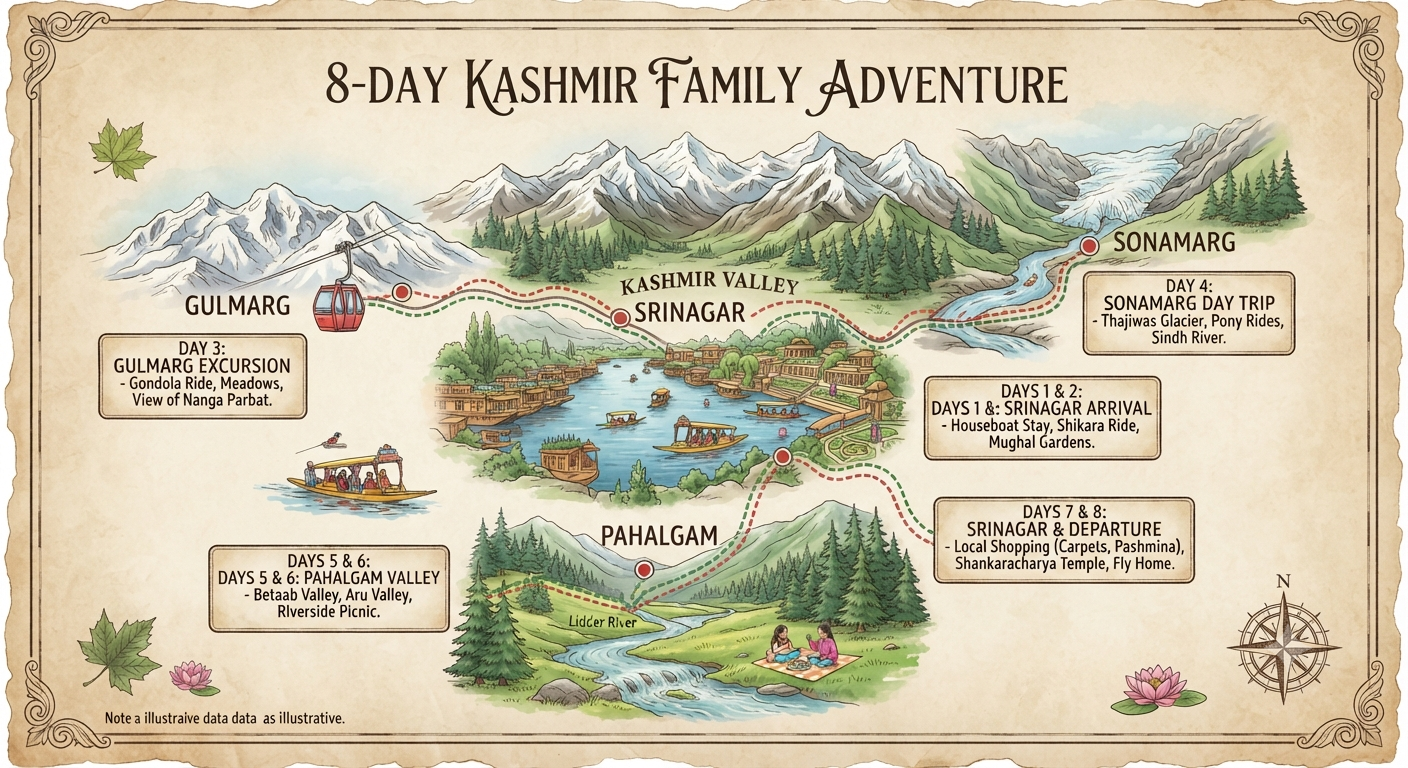 Kashmir Family Tour Package 7 Nights 8 Days 2026 | ₹32,999 | Book Now 20 Kashmir family tour package 7 nights 8 days 2026 - complete family itinerary map