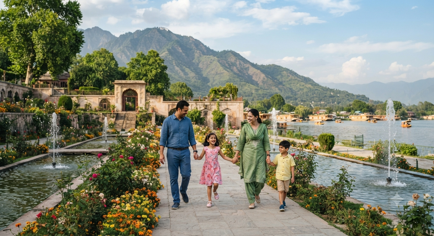Kashmir Family Tour Package 7 Nights 8 Days 2026 | ₹32,999 | Book Now 16 Kashmir family tour package 7 nights 8 days 2026 - family at Nishat Bagh Mughal Garden