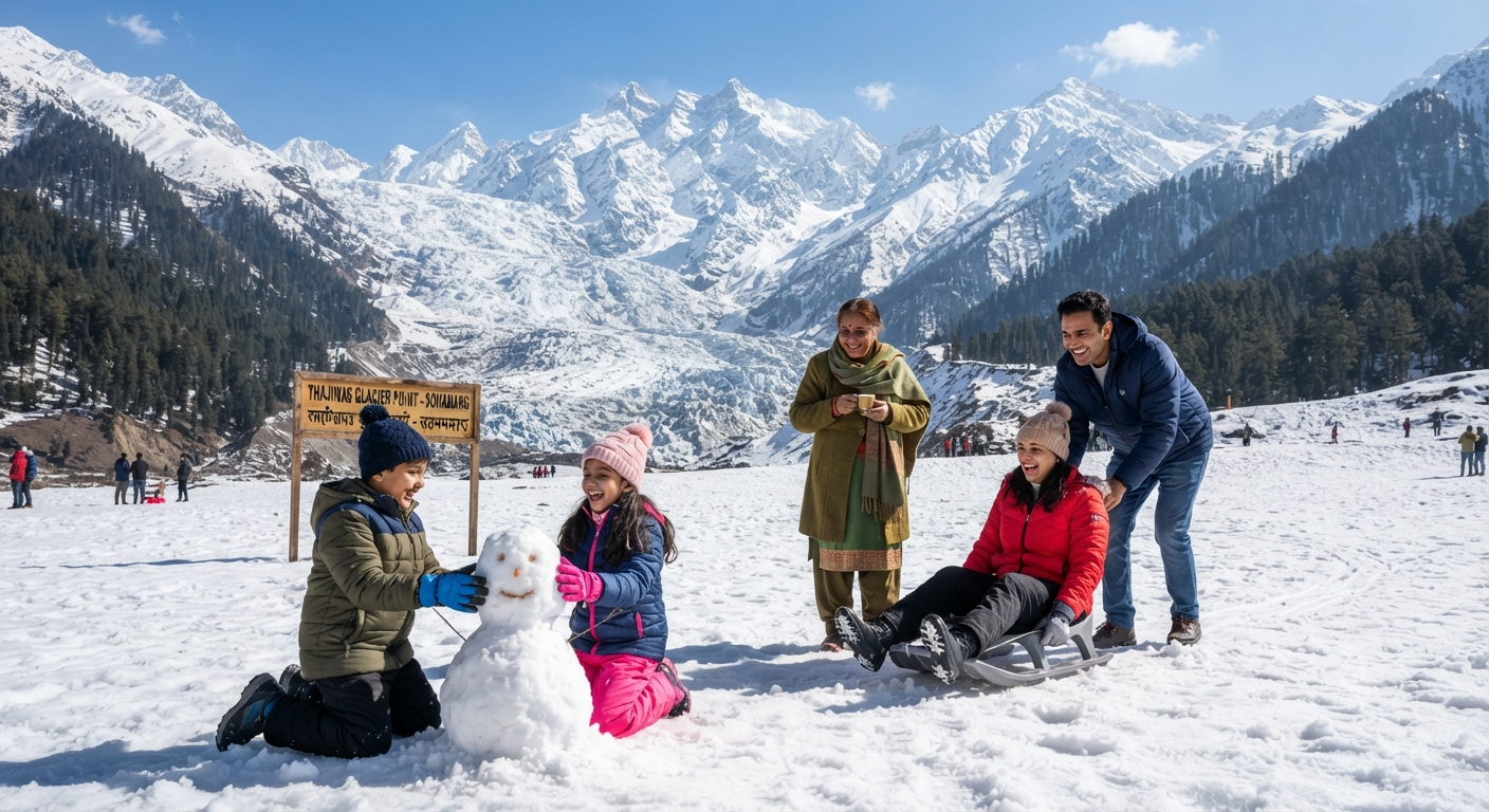 Kashmir Family Tour Package 7 Nights 8 Days 2026 | ₹32,999 | Book Now 17 Kashmir family tour package 7 nights 8 days 2026 - family at Sonamarg Thajiwas Glacier