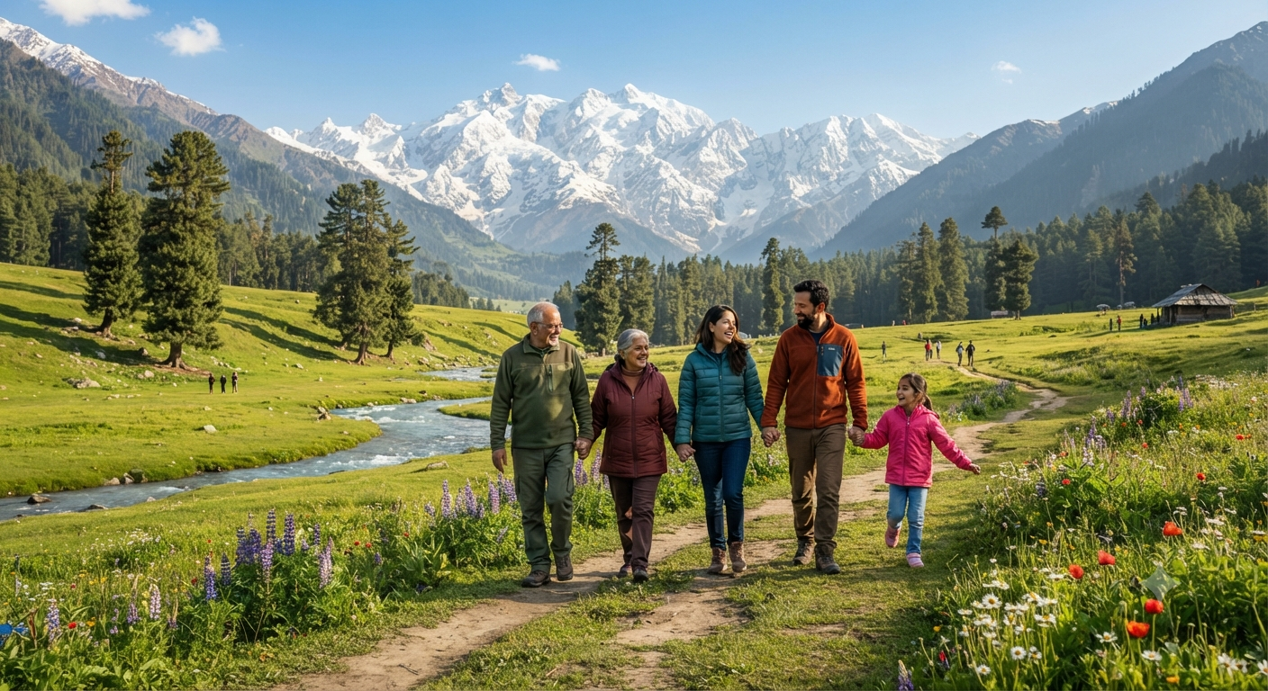 Kashmir Family Tour Package 7 Nights 8 Days 2026 | ₹32,999 | Book Now 19 Kashmir family tour package 7 nights 8 days 2026 - family in Betaab Valley Pahalgam