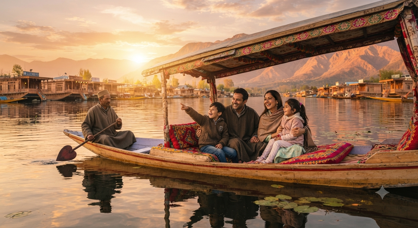 Kashmir Family Tour Package 7 Nights 8 Days 2026 | ₹32,999 | Book Now 12 Kashmir family tour package 7 nights 8 days 2026 - happy family on shikara at Dal Lake