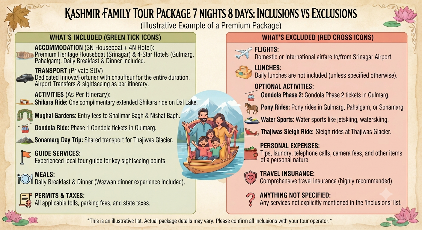 Kashmir Family Tour Package 7 Nights 8 Days 2026 | ₹32,999 | Book Now 15 Kashmir family tour package 7 nights 8 days 2026 - inclusions and exclusions infographic