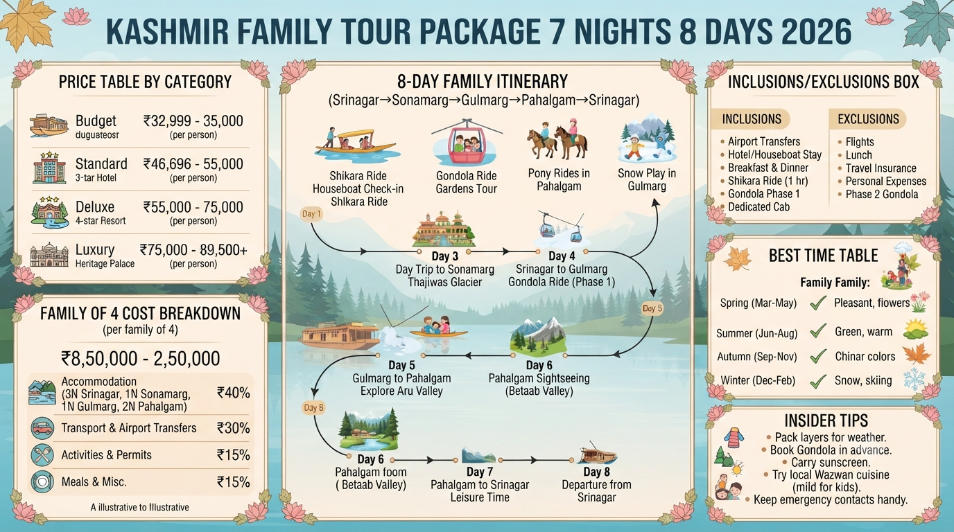 Kashmir family tour package 7 nights 8 days 2026 infographic - pricing, itinerary, family activities, inclusions