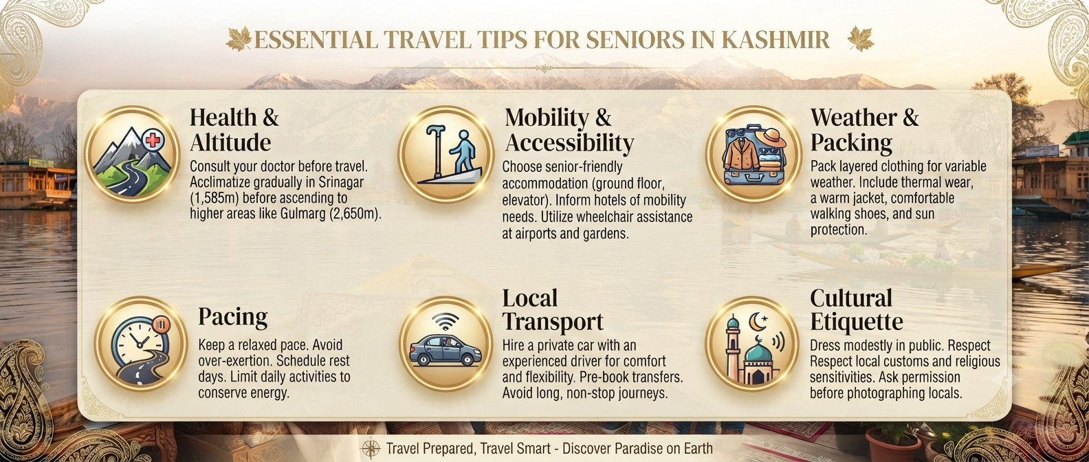 Kashmir Family Tour Package with Senior Citizens: 2026 Complete Guide 11 Kashmir family tour package with senior citizens - essential travel tips infographic for elderly travelers