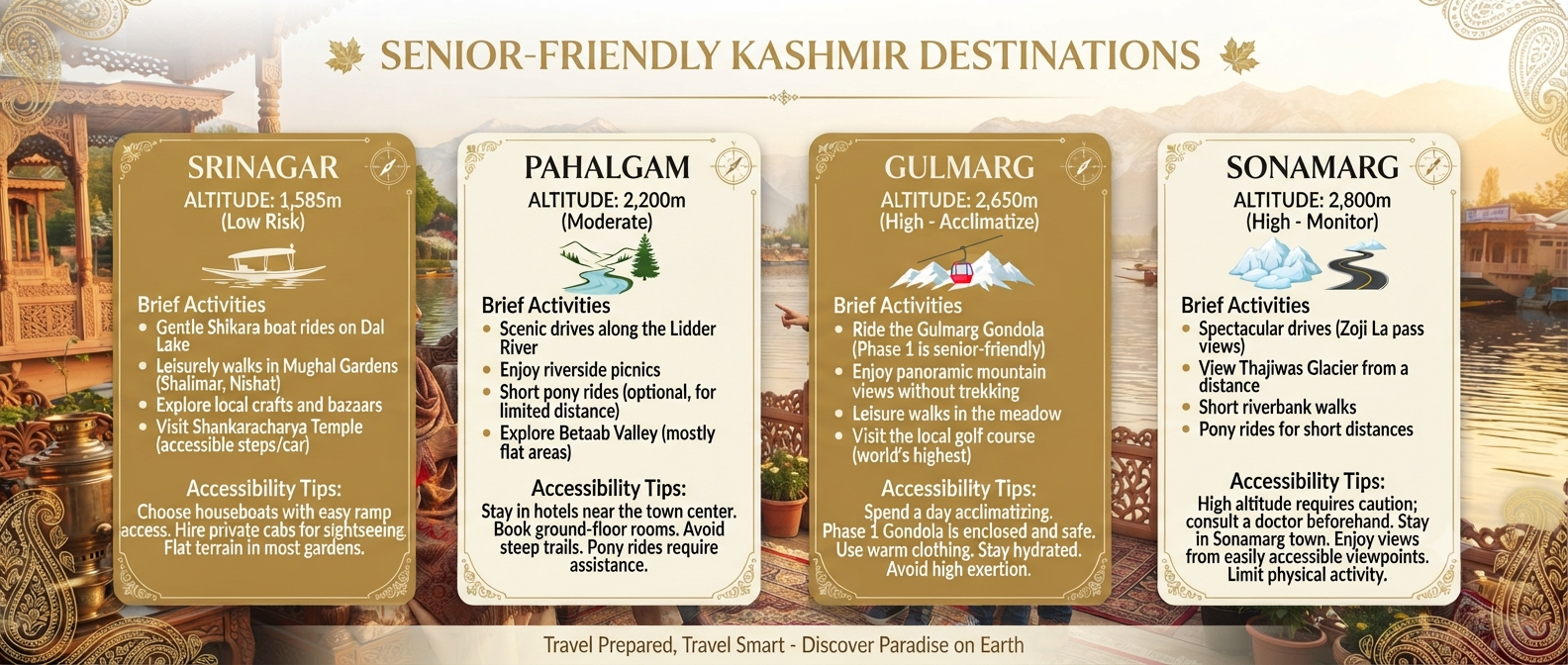 Kashmir Family Tour Package with Senior Citizens: 2026 Complete Guide 8 Kashmir family tour package with senior citizens - senior-friendly destinations infographic showing Srinagar Pahalgam Gulmarg Sonamarg