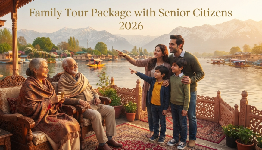Kashmir family tour package with senior citizens - three generations enjoying houseboat stay on Dal Lake with Nature Connect Travels