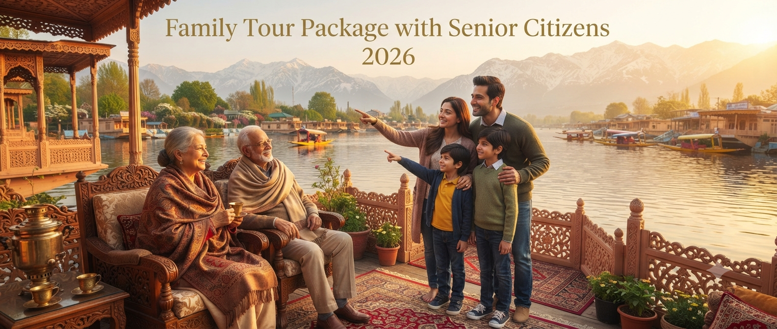 Kashmir family tour package with senior citizens - three generations enjoying houseboat stay on Dal Lake with Nature Connect Travels