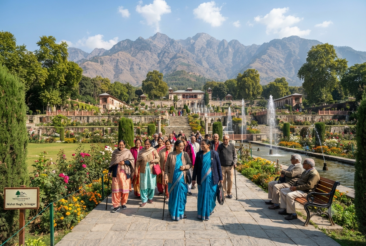 Kashmir group tour from Kolkata for senior citizens 2026 - seniors at Nishat Bagh Mughal Gardens
