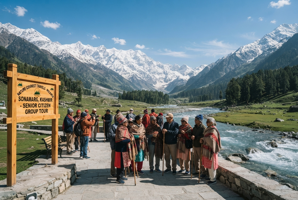 Kashmir group tour from Kolkata for senior citizens 2026 - seniors at Sonamarg valley

