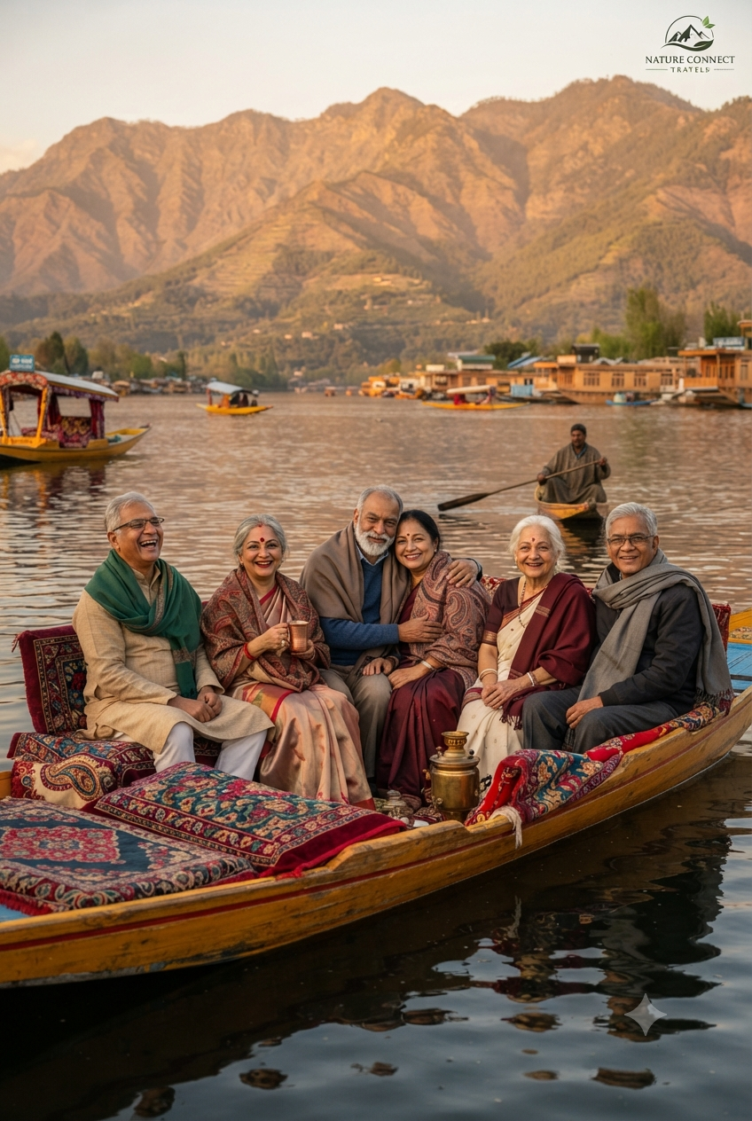 Kashmir group tour from Kolkata for senior citizens 2026 - seniors enjoying shikara ride on Dal Lake