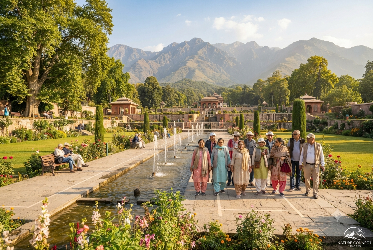 Kashmir group tour from Mumbai for senior citizens 2026 - seniors at Nishat Bagh Mughal Gardens