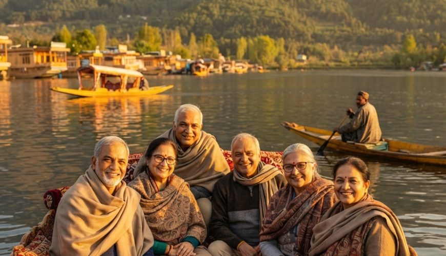 Kashmir group tour from Mumbai for senior citizens 2026 - seniors enjoying shikara ride on Dal Lake