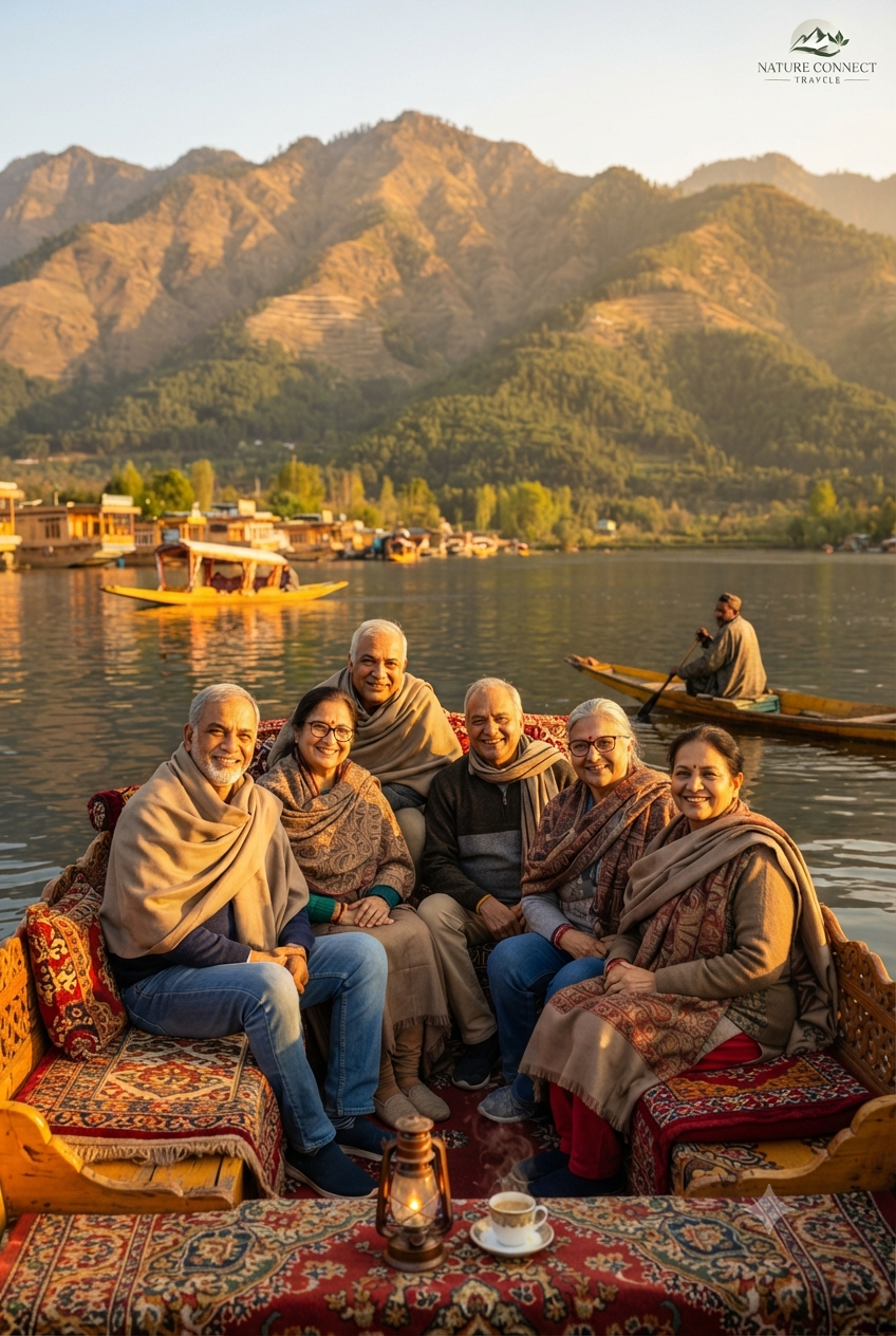Kashmir group tour from Mumbai for senior citizens 2026 - seniors enjoying shikara ride on Dal Lake
