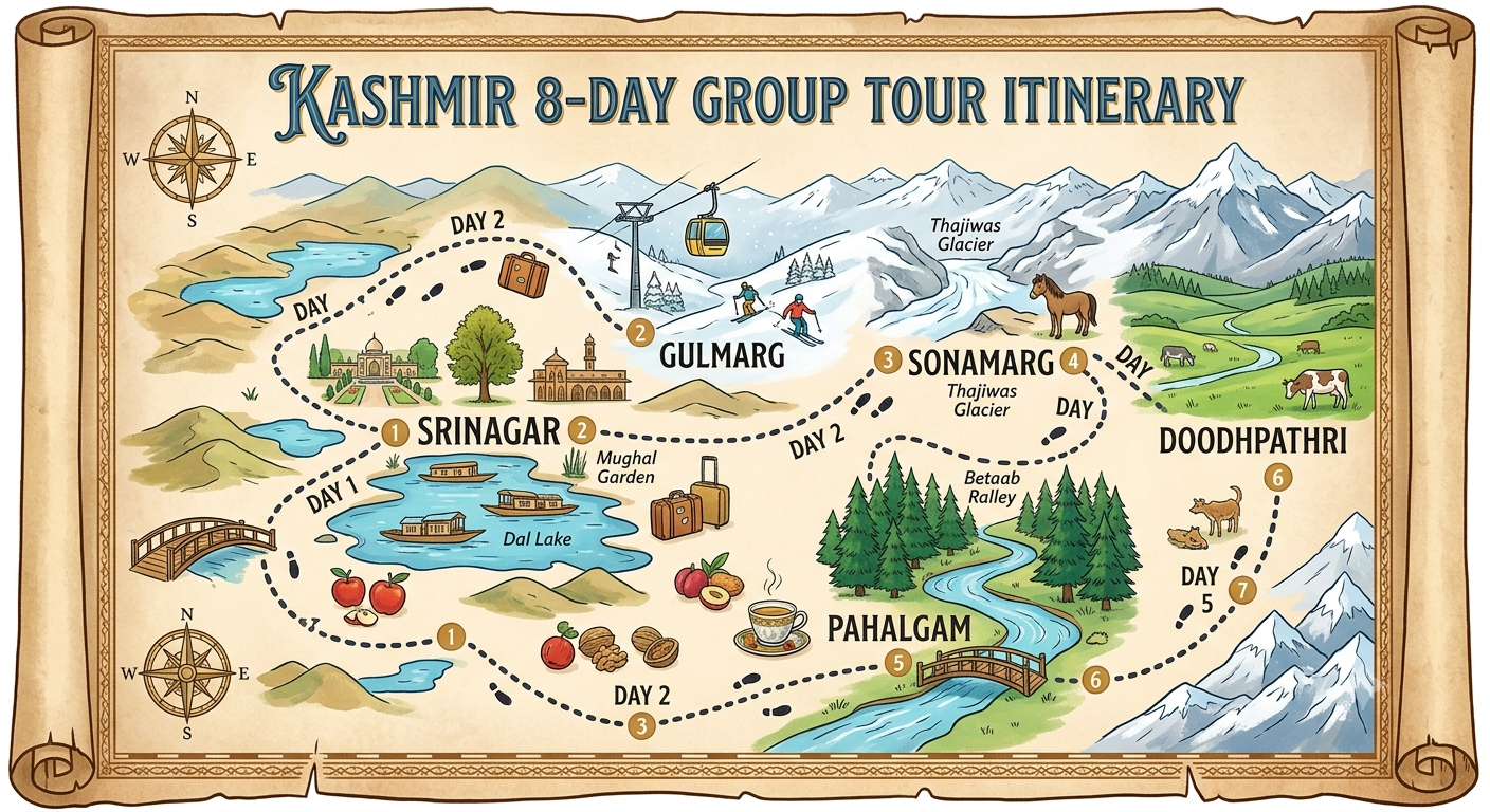 Kashmir group tour package 7 nights 8 days 2026 - complete group itinerary map