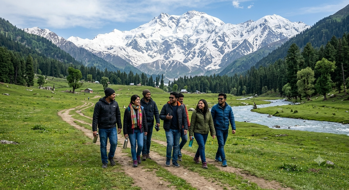 Kashmir group tour package 7 nights 8 days 2026 - group in Betaab Valley Pahalgam