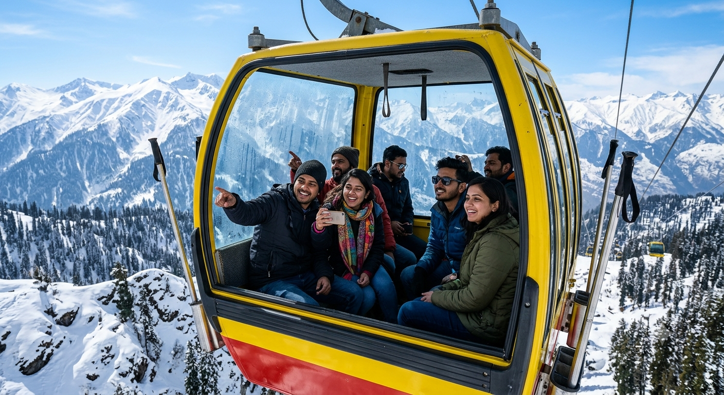 Kashmir group tour package 7 nights 8 days 2026 - group on Gulmarg Gondola