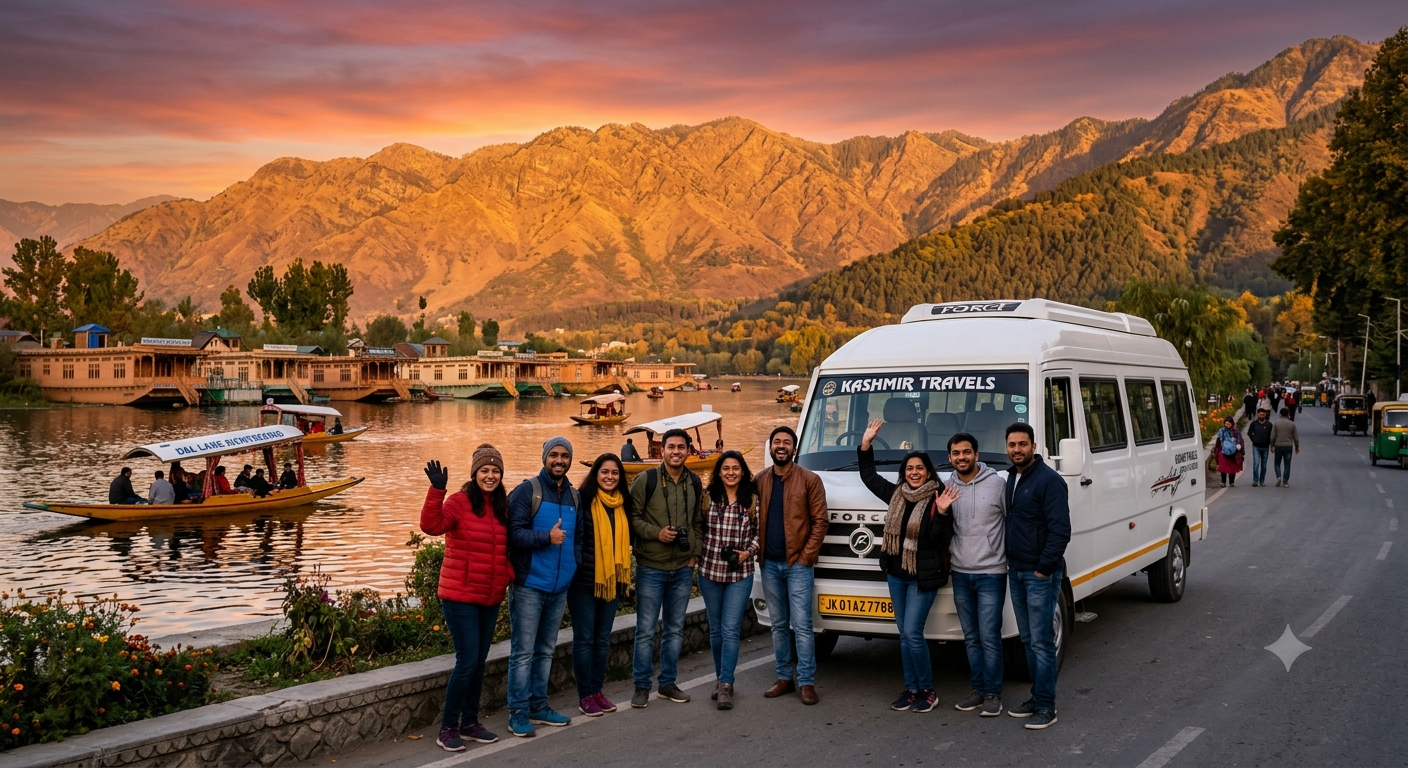 Kashmir group tour package 7 nights 8 days 2026 - happy group with tempo traveller on Dal Lake